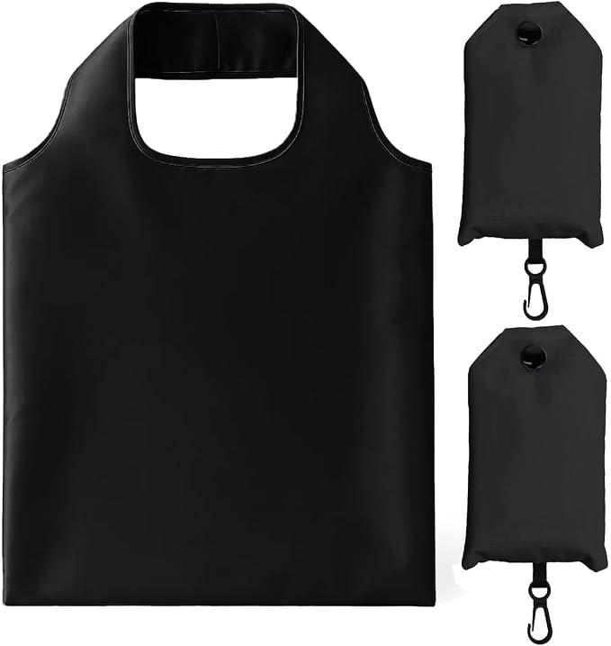 2 Pack Foldable Shopping Bag, Reusable Grocery Tote Bag, Black | Waterproof Nylon, 35 Pounds Weight Capacity, Pocket Size Carrier by Unknown