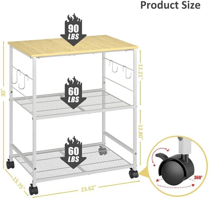 ThreeHio Rolling Kitchen Microwave Cart, 3 Tier Microwave Table Stand with Storage, Kitchen Utility Cart on Lockable Wheels, Small Coffee Station Shelf Rack Organizer for Living Room Office, Balcony - Image 3