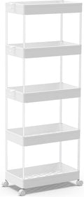 SPACEKEEPER 5 Tier Storage Rolling Cart, Bathroom Cart with Wheels, White | Mobile Storage Cart for Laundry Room Organization,Kitchen,Office,Bathroom, Utility Cart for Snack,Craft,Art,Makeup,Nail,Toys by SPACEKEEPER
