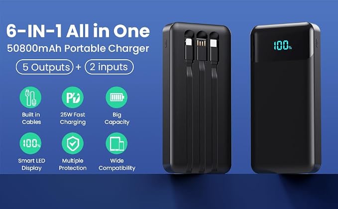 Portable Charger Power Bank 50800mAh with 3 Built-in Cables,25W PD Fast Phone Charging Portable Battery Pack,5 Outputs Travel Essentials Outdoor External Battery for iPhone 17/16/15,Galaxy Android etc - Image 8