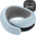 WANDER+ Travel Neck Pillow, Pure Memory Foam Neck Pillow for Airplanes, Comfortable Breathable Cover, 360 Degree Support Ergonomic Design Best for Sleeping Plane Train Travel Essentials Max Sky Blue by WANDERPLUS