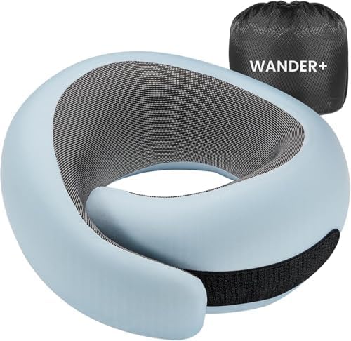 WANDER+ Travel Neck Pillow, Pure Memory Foam Neck Pillow for Airplanes, Comfortable Breathable Cover, 360 Degree Support Ergonomic Design Best for Sleeping Plane Train Travel Essentials Max Sky Blue by WANDERPLUS