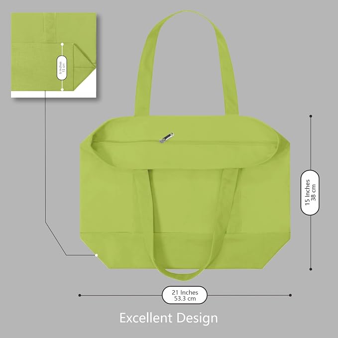 TOPDesign 1-Pack Canvas Tote Bag with an External Pocket, Reusable Grocery Shopping Bag, Top Zipper Closure, Daily Essentials (Light Green) - Image 5