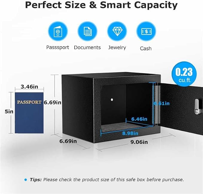 Bonsaii Safe Box with Key Lock, Steel Security Lock Box, 0.23 Cubic Feet, 9.06" W x 6.69" D x 6.69" H, Small Hidden Safe for Cash Jewelry | SPCC steel, 9.06x6.69x6.69 in, pry-resistant door & hidden hinges, pre-drilled for shelf/drawer/closet, includes... - Image 3