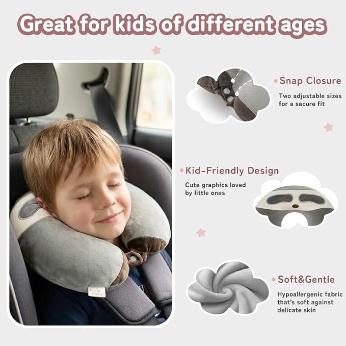 Kids Travel Neck Pillow for Ages 3-8, Memory Foam, Removable Cover, Sloth | Machine washable, 13 in neck size, hidden zipper, 360-degree head and chin support, car seat and airplane use - Image 5