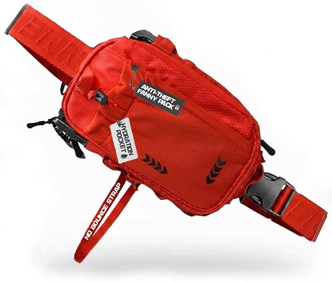 RAVERUNNER NO-BOUNCE Red Fanny Pack - Anti Theft Crossbody Bag | 8 Total Pockets for Travel and Everyday | Rave Pack, Travel Hip Pack, Anti Slash Bumbag, Stadium Approved Rave Fanny Pack by RAVERUNNER