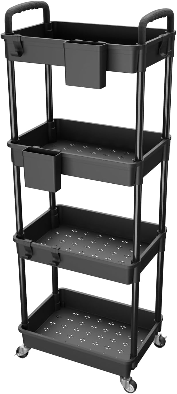 4 Tier Rolling Utility Cart with Handle,REBECAT Utility Cart Made of Multifunctional Storage Organizer Tool for Kitchen,Bathroom,Living Room,Office(Black) by REBECAT