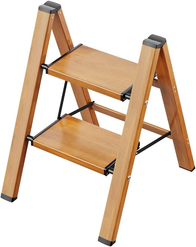 2 Step Ladder, Folding Step Stool with Anti-Slip Wide Pedal | Lightweight, Aluminum Material, 330LBS Load, Portable, Easy Storage, Space Saving, for Kitchen, Bedroom Use, Woodgrain by GameGem