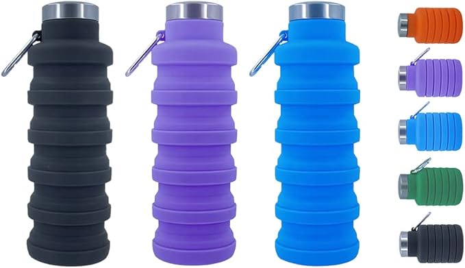 Collapsible Water Bottles 3 pack17oz (Black+Purple+Blue | BPA Free Travel Silicone Water Bottle with Carabiner，Reusable Foldable Portable Sports Bottle for Travel Camping Hiking by Ummigi