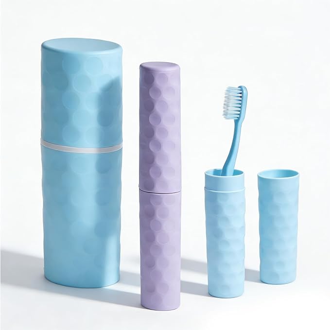 3Pcs Travel Toothbrush Case, Portable Travel Toothbrush Holder with Dot,Toothpaste Container for Family Trip, Camping, School, 8.1x2.5x2 / 8.1x1.4x0.9(Purple+Blue) by Fehnag