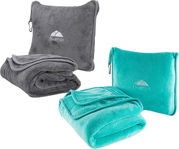 BlueHills Travel Blanket Pillows for Two Airplane Traveling Essentials Flight Throws in Bag case with Backpack Clip Compact Large Plane Accessories – Gray and Teal Green by BlueHills