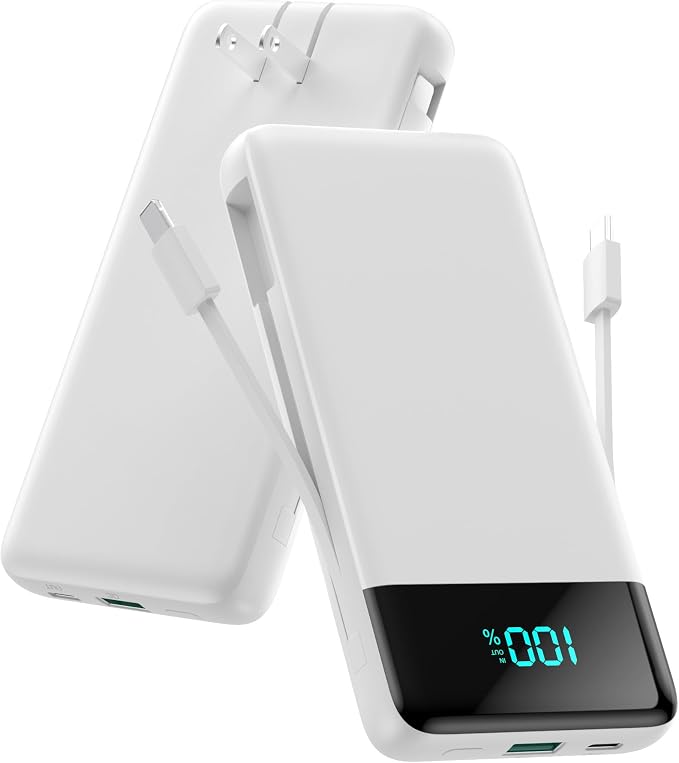 Portable Charger for iPhone with Built-in Cables and Wall Plug,Upgraded 13800mAh Fast Charging USB C Power Bank,4 Outputs Slim Travel Essential Battery Pack for iPhone 17/16/15/14/13,Galaxy,-White by FOCHEW