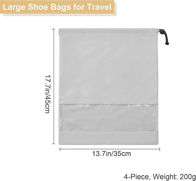 4 Pcs Shoe Bags for Travel with Clear TPU Window & Drawstring Closure | 13.8"x17.7" Fits Most Shoes, Dust Resistant, Washable & Reusable, Travel Shoe Storage Bags for Men & Women - Image 3