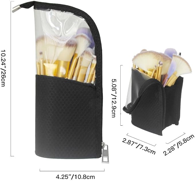 ANEMEL Black Travel Makeup Brush Holder, Organizer Bag Cosmetic Zipper Pouch Portable Dust-Free Stand-Up Toiletry Stationery - Image 2