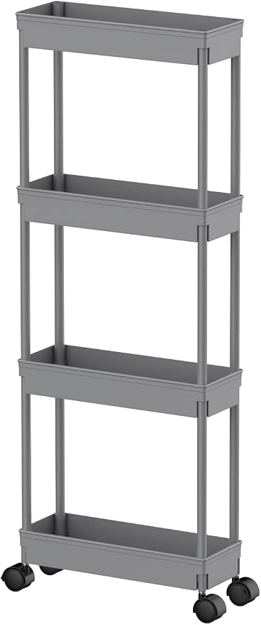 Sooyee 4 Tier Slim Storage Cart,Rolling Storage Cart,Narrow Shelf,Bathroom Rack,Mobile Shelving Unit Organizer for Kitchen, Bathroom, Laundry Room, Grey by Sooyee