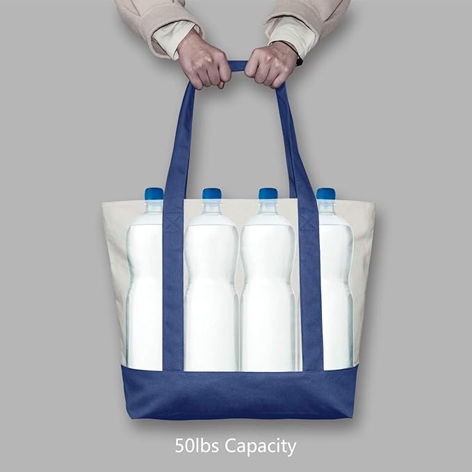 TOPDesign 30-Pack Canvas Tote Bags with an External Pocket, Reusable Grocery Shopping Bags, Top Zipper Closure, Daily Essentials (Blue/Natural) - Image 6