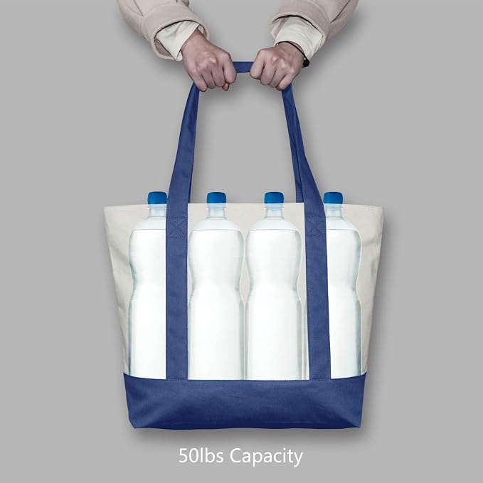 TOPDesign 6-Pack Canvas Tote Bags with an External Pocket, Reusable Grocery Shopping Bags, Top Zipper Closure, Daily Essentials (Blue/Natural) - Image 6