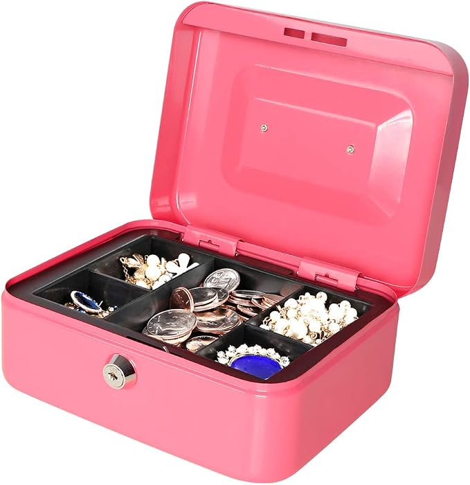 Jssmst Small Cash Box with Key Lock - Durable Metal Cash Box with Money Tray Pink, CB0104M - Image 4