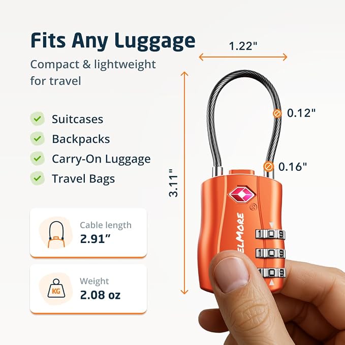 TSA Approved Luggage Locks, Travel Combination Cable Locks | TSA Accepted, Easy to Use, Durable, Flexible Steel Cable, Zinc Alloy Body, for Suitcases, Backpacks, Zippers, 10-Pack, Orange - Image 2