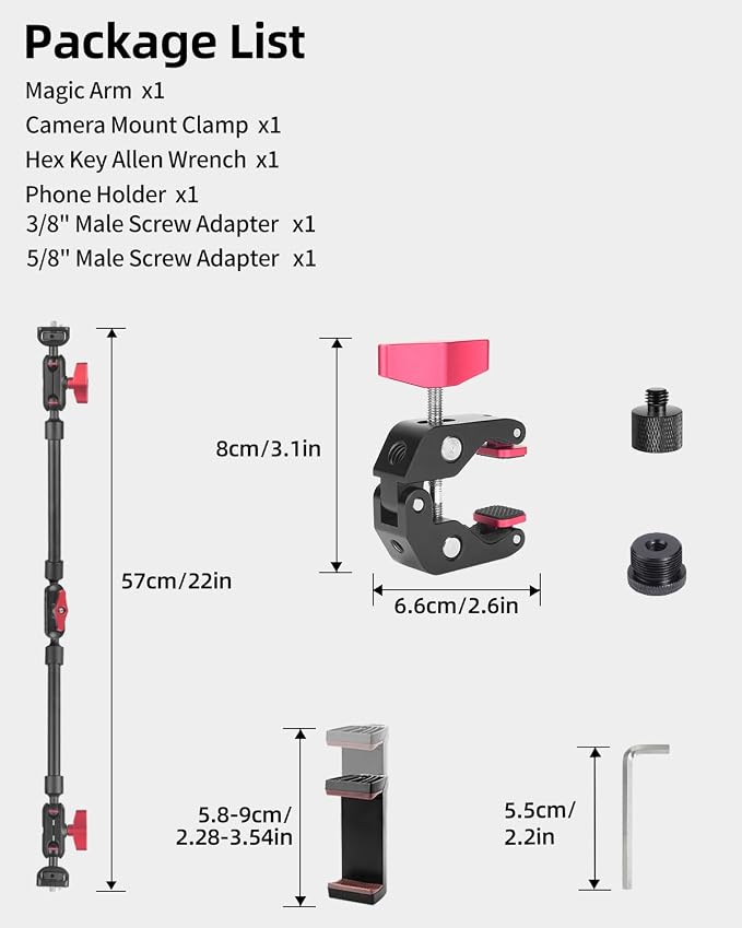 22" Magic Arm w Clamp Mount, Overhead Desk Phone Mount Stand, Adjustable Articulating Friction Camera Boom Arm w 1/4" Thread for Phone Video Light Webcam Action Camera Tripod Mic - Image 9