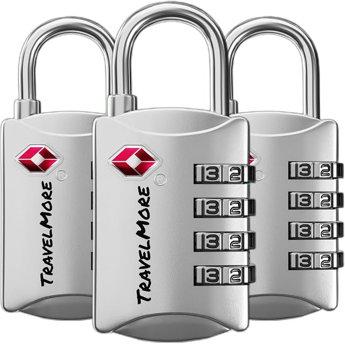 Luggage Locks TSA Approved, 4-Digit Travel Combination Locks | TSA Accepted, Easy to Use, Compact, Lightweight, Durable, Zinc Alloy Body, for Suitcases, Backpacks, Zippers, 3-Pack, Silver by TravelMore