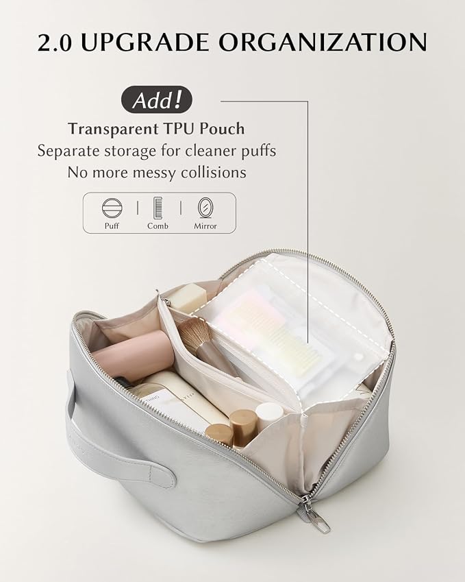 EACHY Travel Makeup Bag for Women, Flat Open Cosmetic Bag, Silver, Medium | Flat-open cosmetic organizer with clear TPU brush pocket and extra storage for makeup, toiletries and travel essentials - Image 3
