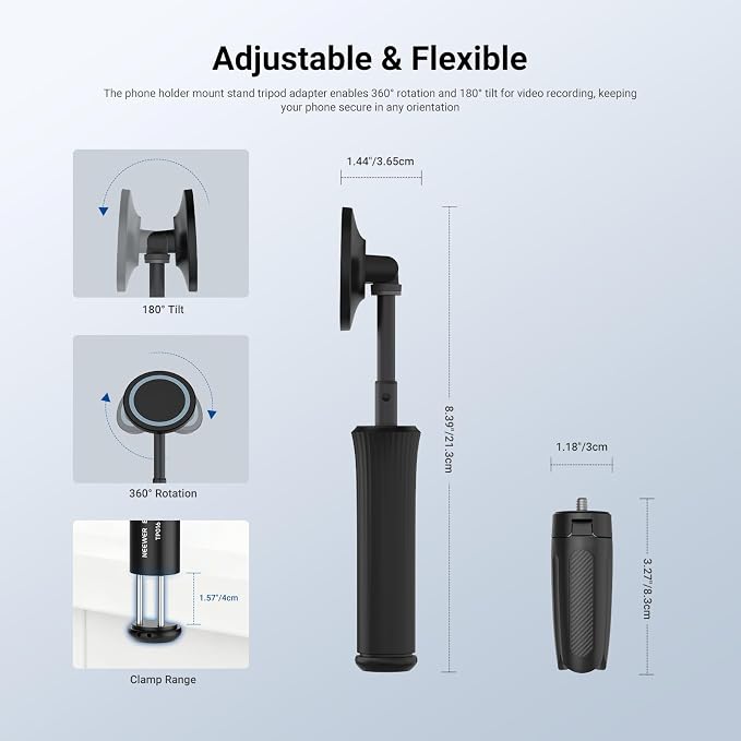 NEEWER Airplane Phone Holder, Magnetic Smartphone Desk Mount Tripod Stand Handheld Selfie Stick Plane Gadget Travel Essentials Compatible with MagSafe iPhone Samsung Android for Video Recording, TP016 - Image 4