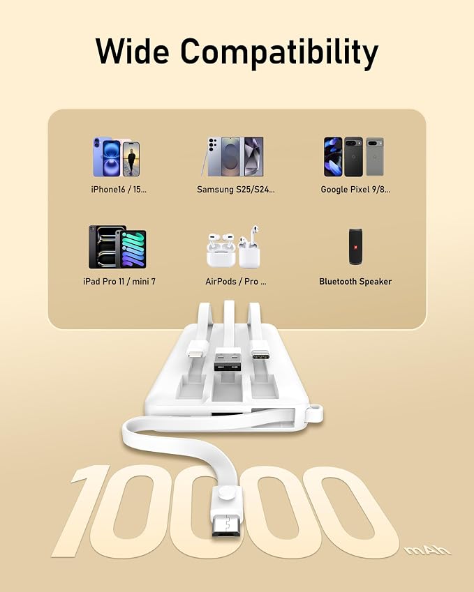 VEEKTOMX 10000mAh Portable Charger with 4 Built-in Cables | Slim Power Bank, USB-C Battery Pack with iPhone & Micro USB, TSA Approved Travel Charger for iPhone, Samsung, Android, White - Image 5