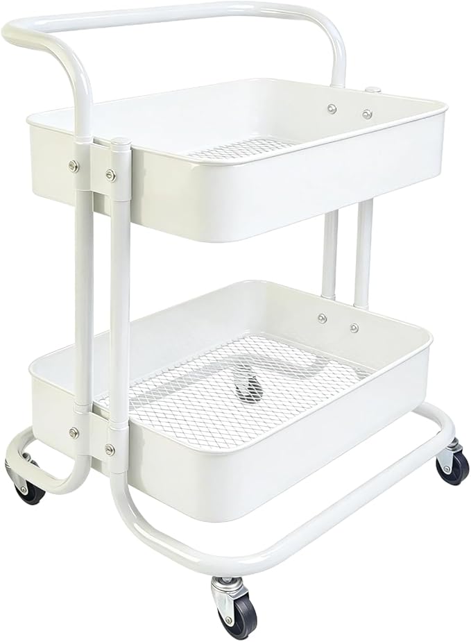 2 Tier Cart with Wheels Under Desk Storage with Handle, Metal Rolling Pantry Cart for Kitchen White Small Rolling Basket for Laundry Room Bathroom, Utility Shelf Organizer for Small Space by Ufriandz