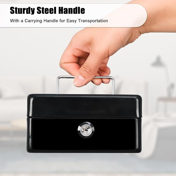 KYODOLED Small Cash Box, Key Lock Metal Storage Box with 2 Keys & Portable Handle, Safe Cash Drawer, 5.91"x 4.72"x 3.15", Black - Image 3