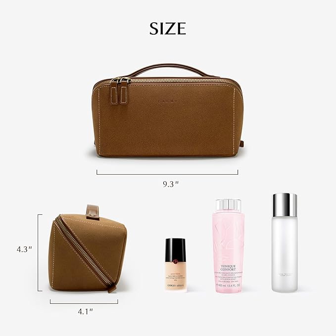 EACHY Travel Makeup Bag for Women, Faux Suede Cosmetic Bag, Brown, Medium | Faux suede organizer with flat-open access, clear TPU brush pocket and carry handle for daily makeup, toiletries and travel - Image 5