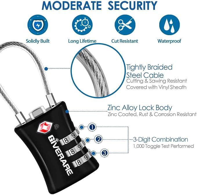 2 Pack TSA Approved Luggage Locks, Cable Suitcase Travel Lock Alloy, Set Your Own Combination Metal Zipper Padlock, 3-Digit Long Shackle Padlocks for Gym Locker, Golf Bag, Case Anti Theft-Black - Image 3