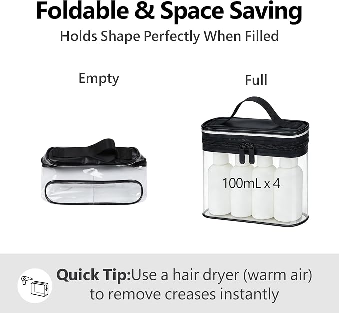 Clear Makeup Bag for Travel - TSA Approved Toiletry Bag, 2 Black | 1 Medium Quart Carry-On & 1 Large Checked-Luggage, Top Handle, Double Metal Zippers, 180° Opening, Clear Easy-Check, Women - Image 6
