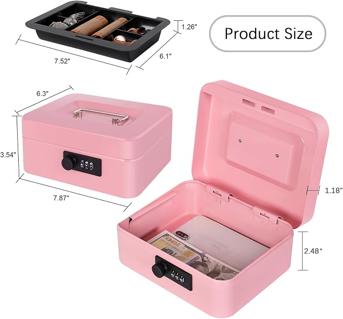 Goehiaul Cash Box with Combination Lock and Money Tray Metal Money Box for Cash Small Cash Box for Money Safe 7.87"x6.3"x3.54" Pink - Image 4
