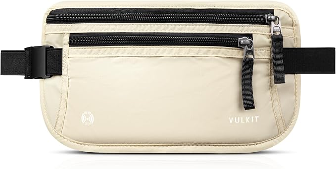 VULKIT Money Belt for Travel, Hidden Passport Holder, Anti-Theft Travel Wallet Under Clothes, RFID Blocking Waist Pouch, Undercover Fanny Pack, Cream White by VULKIT