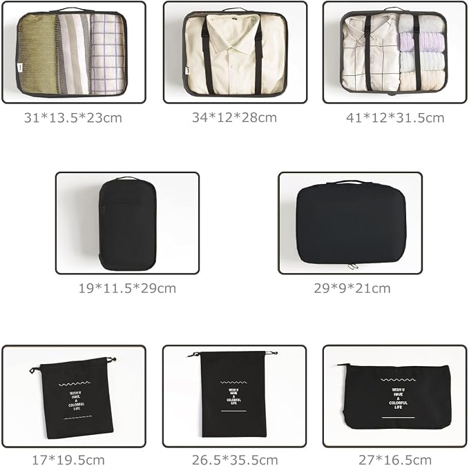 LANSKLBD 6/8 Set Packing Cubes for Suitcases Travel Luggage Packing Organizers,Travel Accessories Essentials Luggage Organizer with Shoe/Tioletry/Laundry Bag (Black, 8 set) - Image 3
