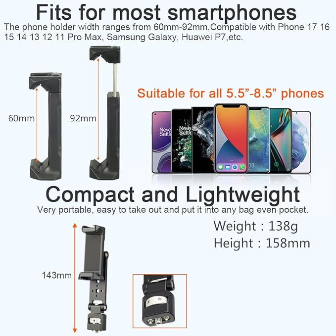 Metal Phone Camera Mount Holder with 1/4” Locating Screw for ARRI, Universal Phone Tripod Mount Adapter with Cold Shoe for iphone 17/16/15, 360° Swivel 230° Tilt Tripod/Camera Phone Holder Support - Image 7