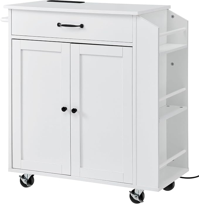 VEVOR Kitchen Island Cart, 32" Mobile Carts with Storage Cabinet, Rolling Table with Power Outlet, Spice Rack, Towel Bar, Adjustable Shelf, Drawer, Dining Living Room Portable Islands on Wheels, White - Image 9