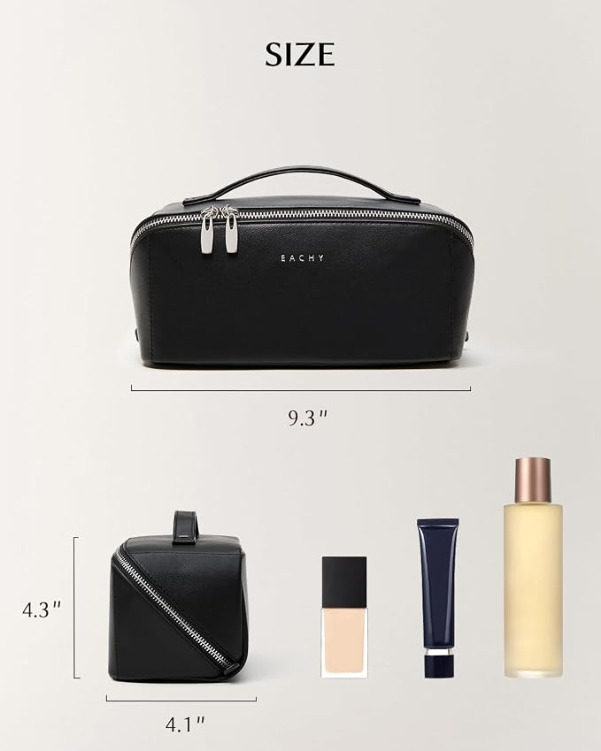 EACHY Travel Makeup Bag for Women, PU Leather Cosmetic Bag, Black, Medium | PU leather organizer opens flat with two TPU brush pockets and divided storage for makeup, skincare, toiletries and travel - Image 7