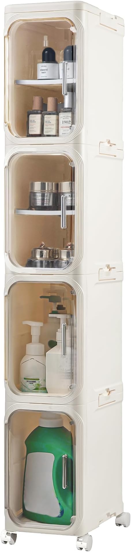 4-Tier Narrow Storage Cabinet Slim Bathroom Tall Skinny Organizer,Beige | Foldable Storage Cabinet with Lockable Rolling Wheels Magnetic Clear Door Adjustable Detachable Shelves For Narrow Space by LXLXXL