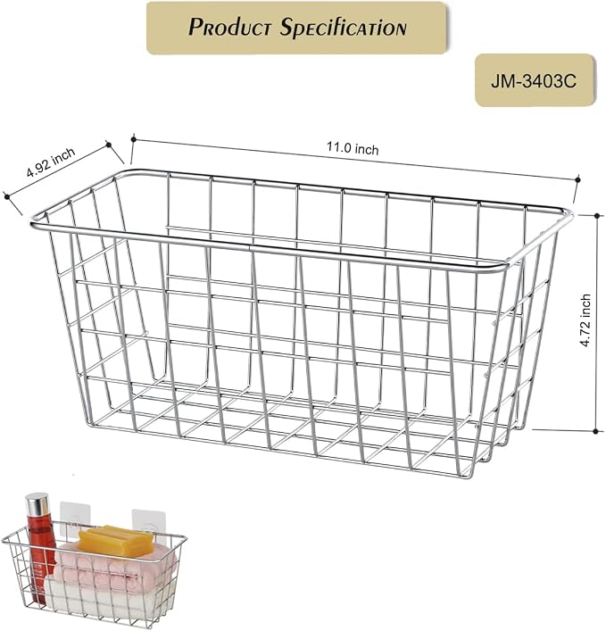 JUNCHU CHERRY 2 Pack Hanging Storage Basket, Bathroom Basket, Household Goods, with Traceless Tape, no Drilling, for Cabinet Storage, Kitchen, Bathroom, Storage Room,Chrome - Image 4