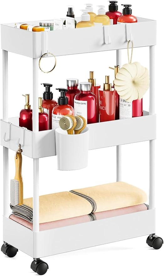 Pipishell 3 Tier Slim Storage Cart with Wheels, Bathroom Cart, White | 7.1 inch Wide - Fits Narrow Spaces, Storage Cup and 6 Hooks, Ventilation Holes, Durable ABS Material, Detachable Wheels by Pipishell