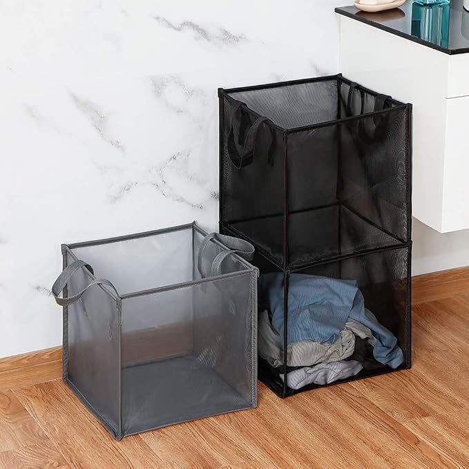 HONOMA Laundry Bags Hamper Bag with Handles,Portable & Collapsible Dirty Clothes Mesh Basket Foldable for Washing Storage, Kids Room,Dorm or Travel (Black,Double-Layer) - Image 7