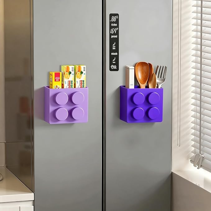 Magnetic Basket Organizer for Fridge - Lego-Style ABS Plastic Storage Box,No Drill Design for Kitchen Counter, Microwave & Whiteboard, Holds Up to 3.5 lbs (Light Purple) - Image 8