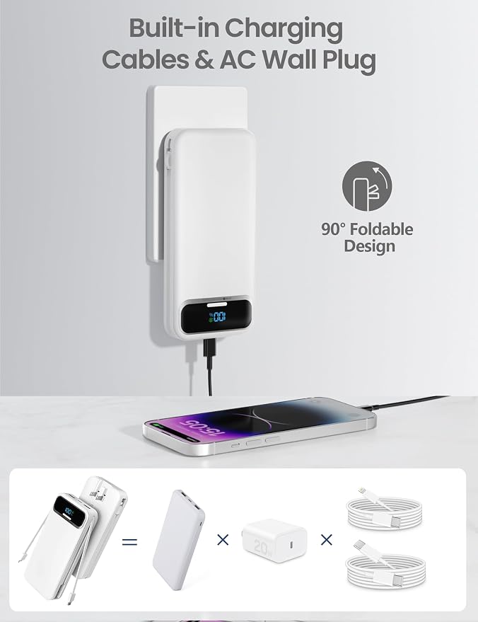 aonidi Portable Charger 12000mAh with Built-in Cables&AC Wall Plug, White | PD20W USB C Fast Charging,LED Display External Travel Power Bank,TSA approved Battery Pack for All iPhone,Samsung,Android - Image 4
