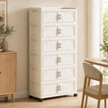 6-Tier Foldable Storage Cabinet with Doors and Locking Wheels | Tall white PP cabinet, 30 lb per tier; magnetic double doors, raised top tray, snap-fit tiers, and 360° locking wheels by FoldTrend