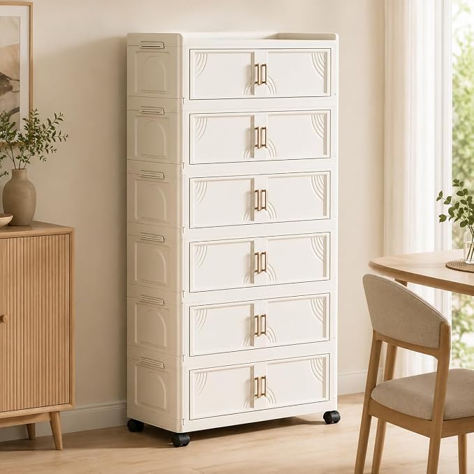 6-Tier Foldable Storage Cabinet with Doors and Locking Wheels | Tall white PP cabinet, 30 lb per tier; magnetic double doors, raised top tray, snap-fit tiers, and 360° locking wheels by FoldTrend