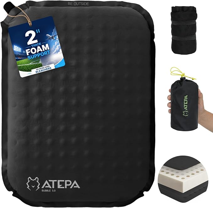 ATEPA Inflatable Seat Cushion | 2" & 2.5" Foam Core Seat Pad, Self Inflating, Compact, Stadium, Airplane, Travel, Camping, Hiking, Sports events by ATEPA