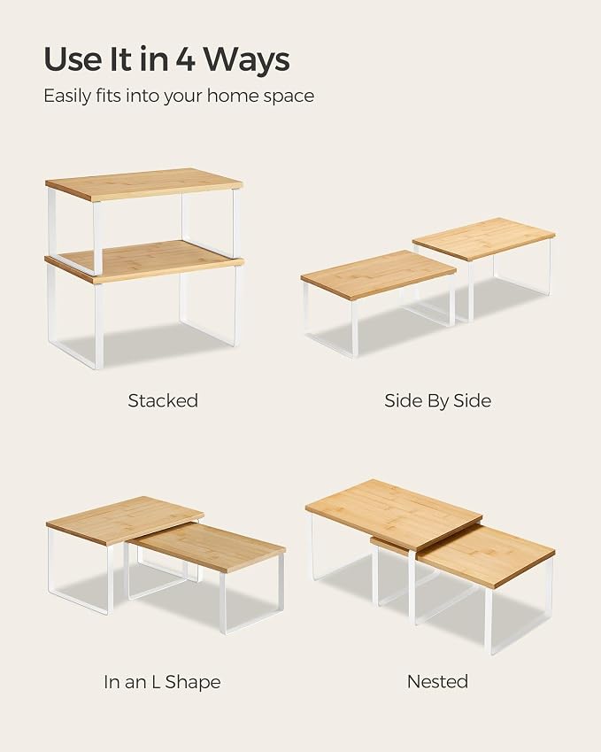 SONGMICS Cabinet Organizer Shelf, Set of 2 Kitchen Counter Shelves, Kitchen Storage, Spice Rack, Stackable, Expandable, Metal and Engineered Wood, Cloud White and Natural Beige UKCS02NW (Pack of 2) - Image 7