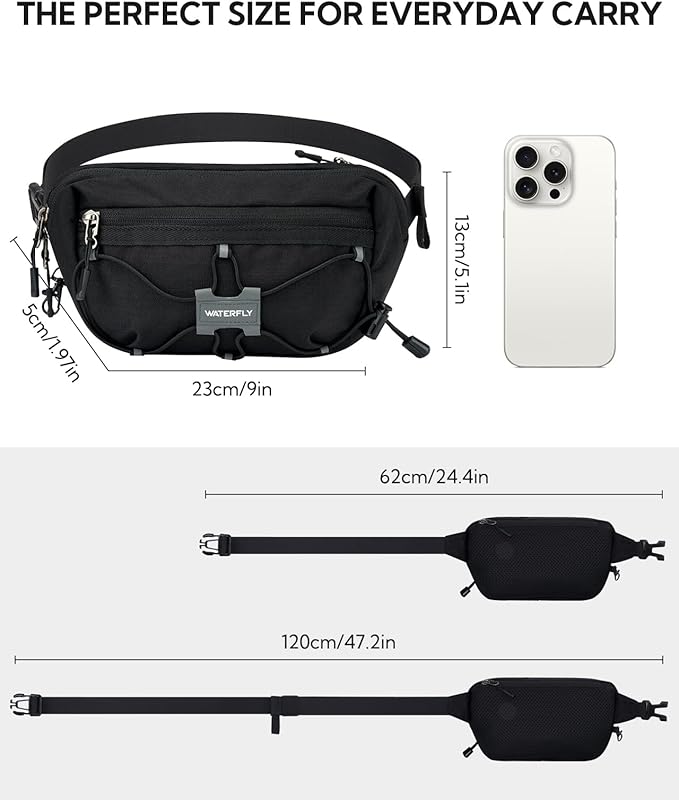 WATERFLY Small Fanny Pack RFID Blocking Travel Hiking Crossbody Waist Bag | Anti-theft design, Water resistant, Lockable zipper, Hidden rear pocket, Lightweight hip belt bag, EDC Running, Cycling, Gym - Image 3
